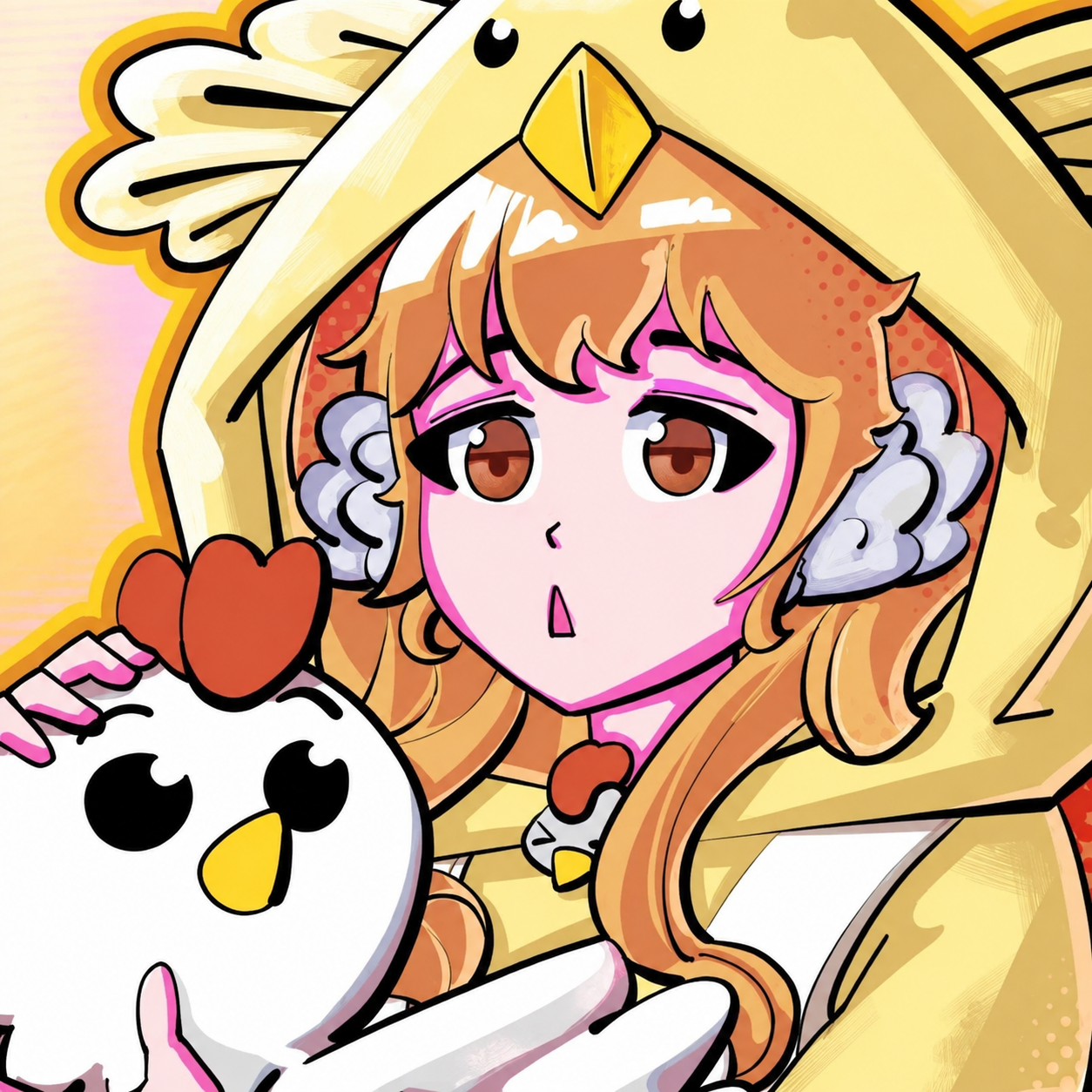 Close-up rendering of facial expression and companion chick.