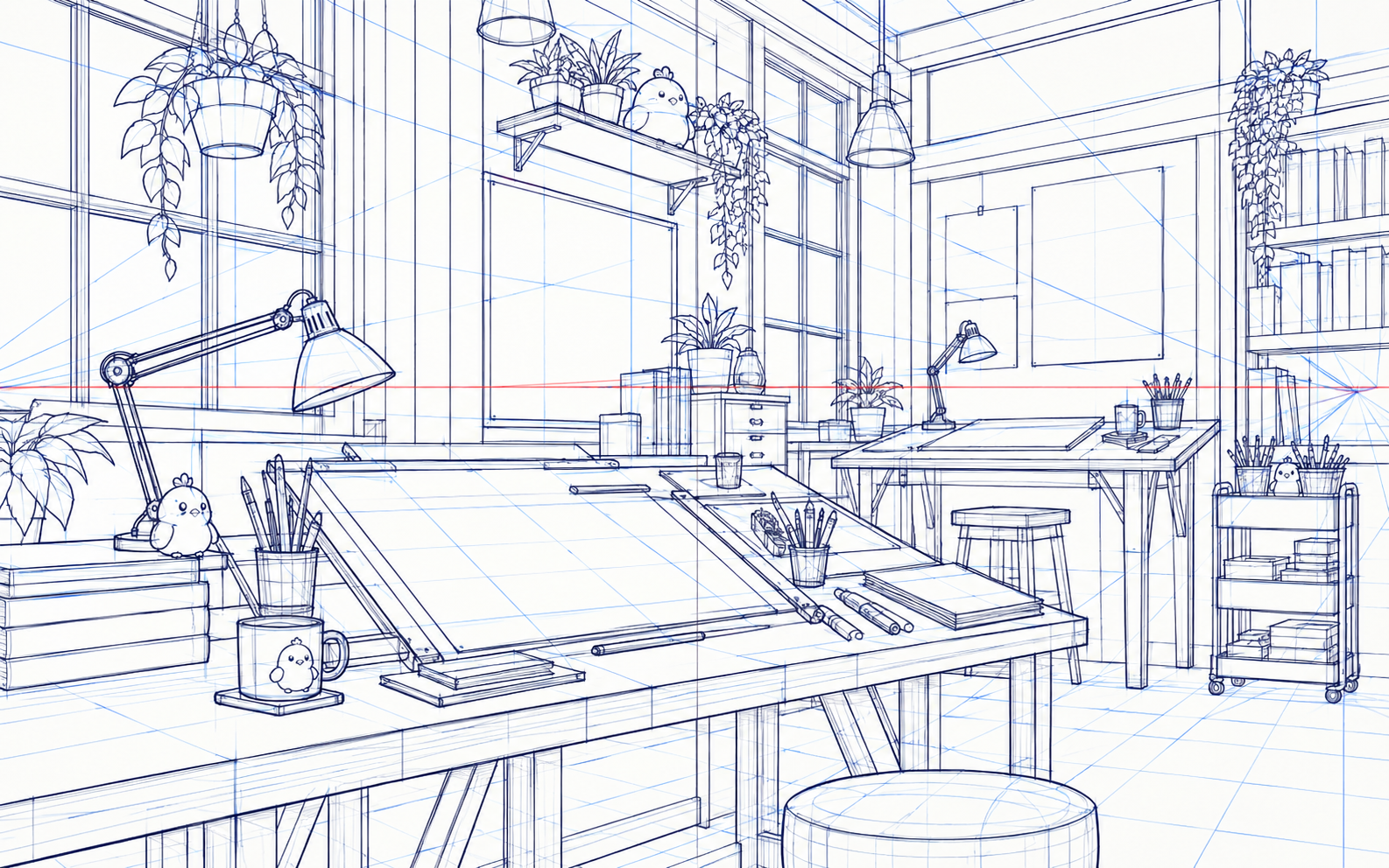 Perspective Grid & Wireframe Sketch.